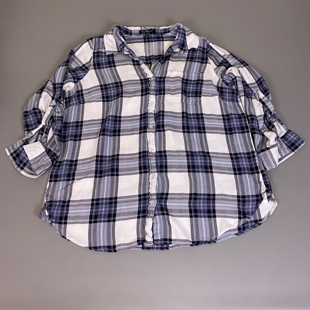 Velvet Heart Flannel Shirt Women's Plus Size 1X Blue White Plaid Rayon Roll Tab